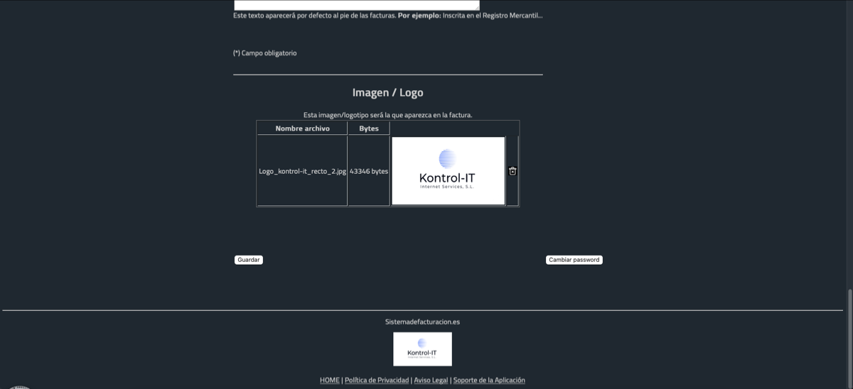Pantalla logo facturación